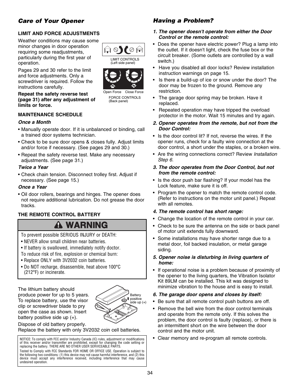 Care of your opener, Having a problem, The remote control battery | Chamberlain 1215EM FS2 User Manual | Page 34 / 80