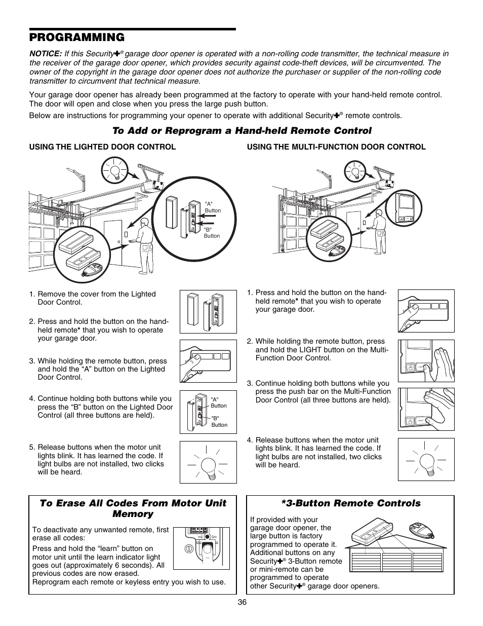 Programming, To add or reprogram a hand-held remote control, To erase all codes from motor unitmemory | Button remote controls | Chamberlain 1215EM FS2 User Manual | Page 36 / 80