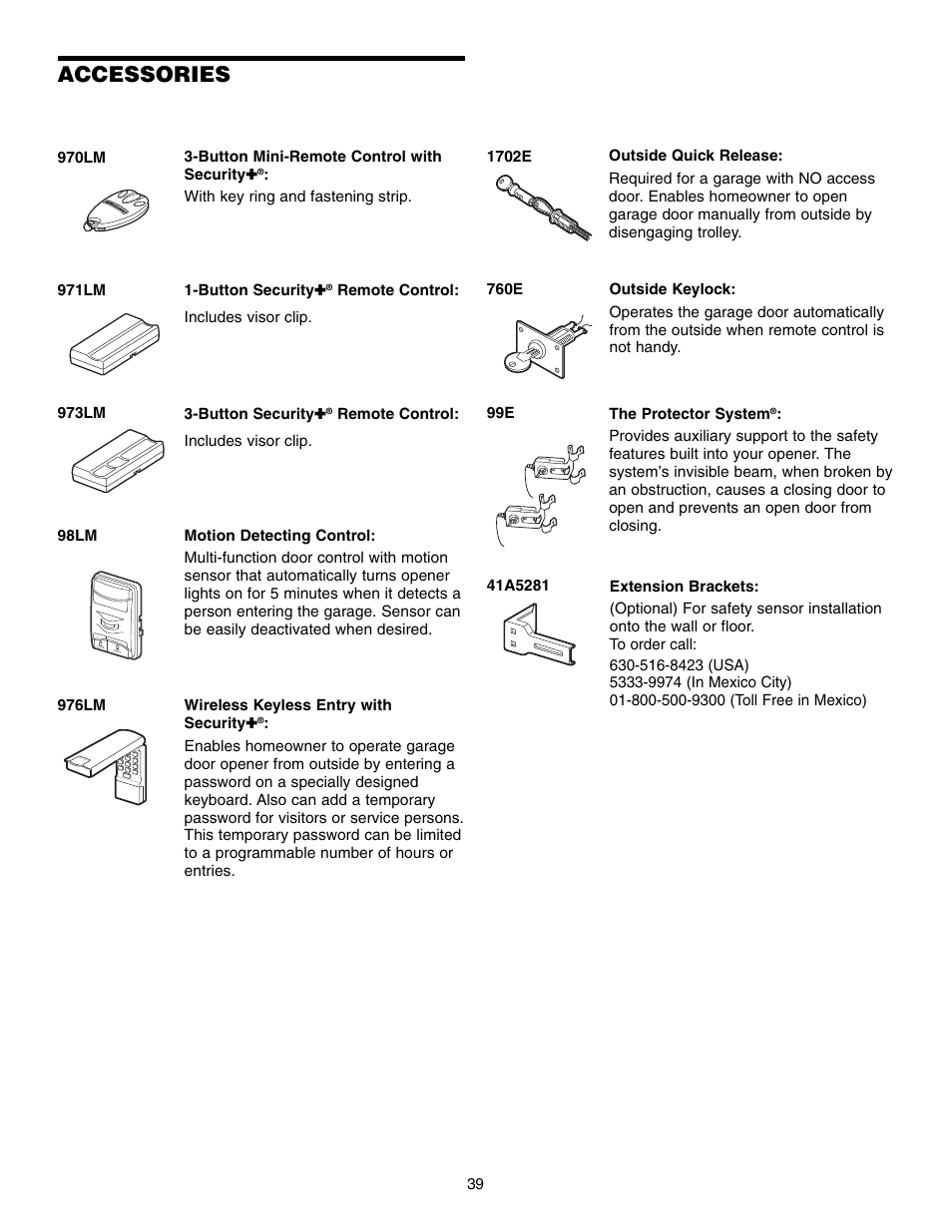 Accessories | Chamberlain 1215EM FS2 User Manual | Page 39 / 80