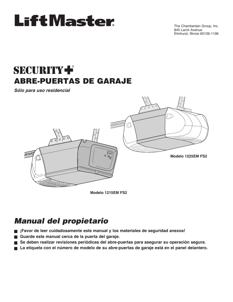 Spanish, Abre-puertas de garaje, Manual del propietario | Chamberlain 1215EM FS2 User Manual | Page 41 / 80