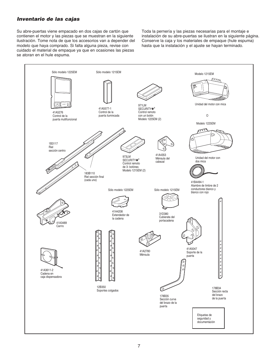 Inventario de las cajas | Chamberlain 1215EM FS2 User Manual | Page 47 / 80