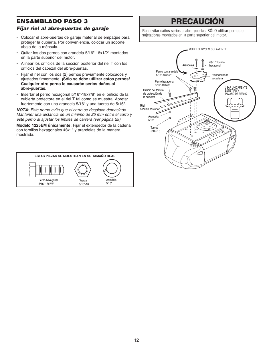 Precaución, Ensamblado paso 3 | Chamberlain 1215EM FS2 User Manual | Page 52 / 80