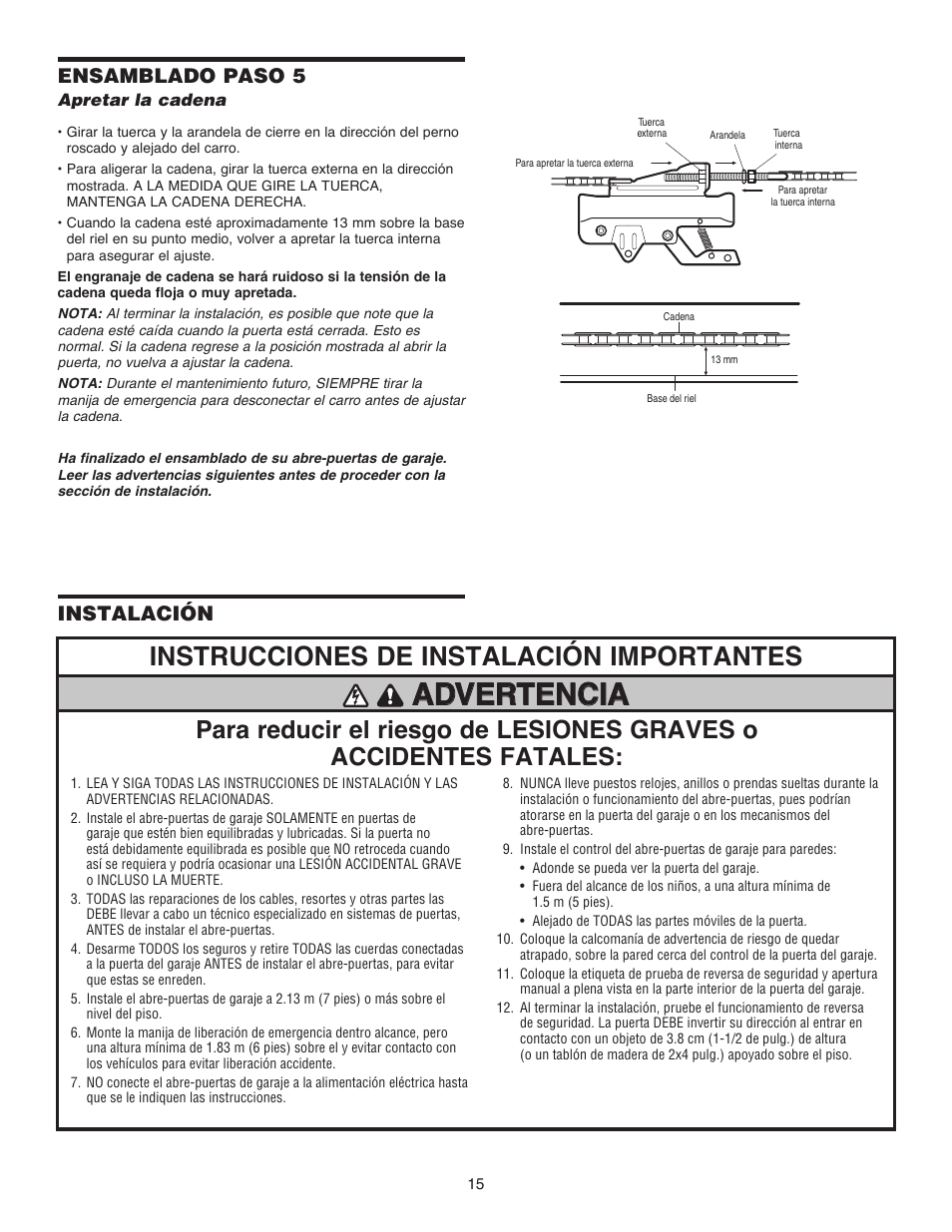 Advertencia, Instrucciones de instalación importantes, Ensamblado paso 5 | Instalación | Chamberlain 1215EM FS2 User Manual | Page 55 / 80