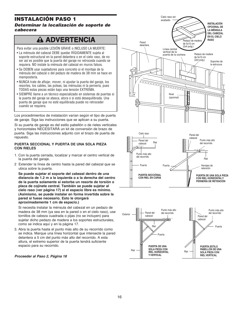 Instalación paso 1, Determinar la localización de soporte de cabecera | Chamberlain 1215EM FS2 User Manual | Page 56 / 80