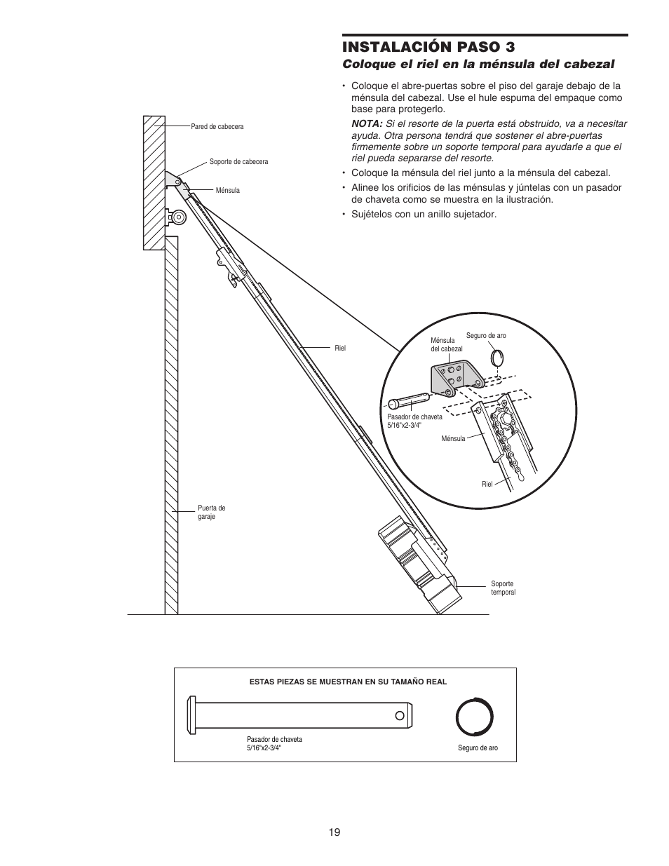 Instalación paso 3, Coloque el riel en la ménsula del cabezal | Chamberlain 1215EM FS2 User Manual | Page 59 / 80