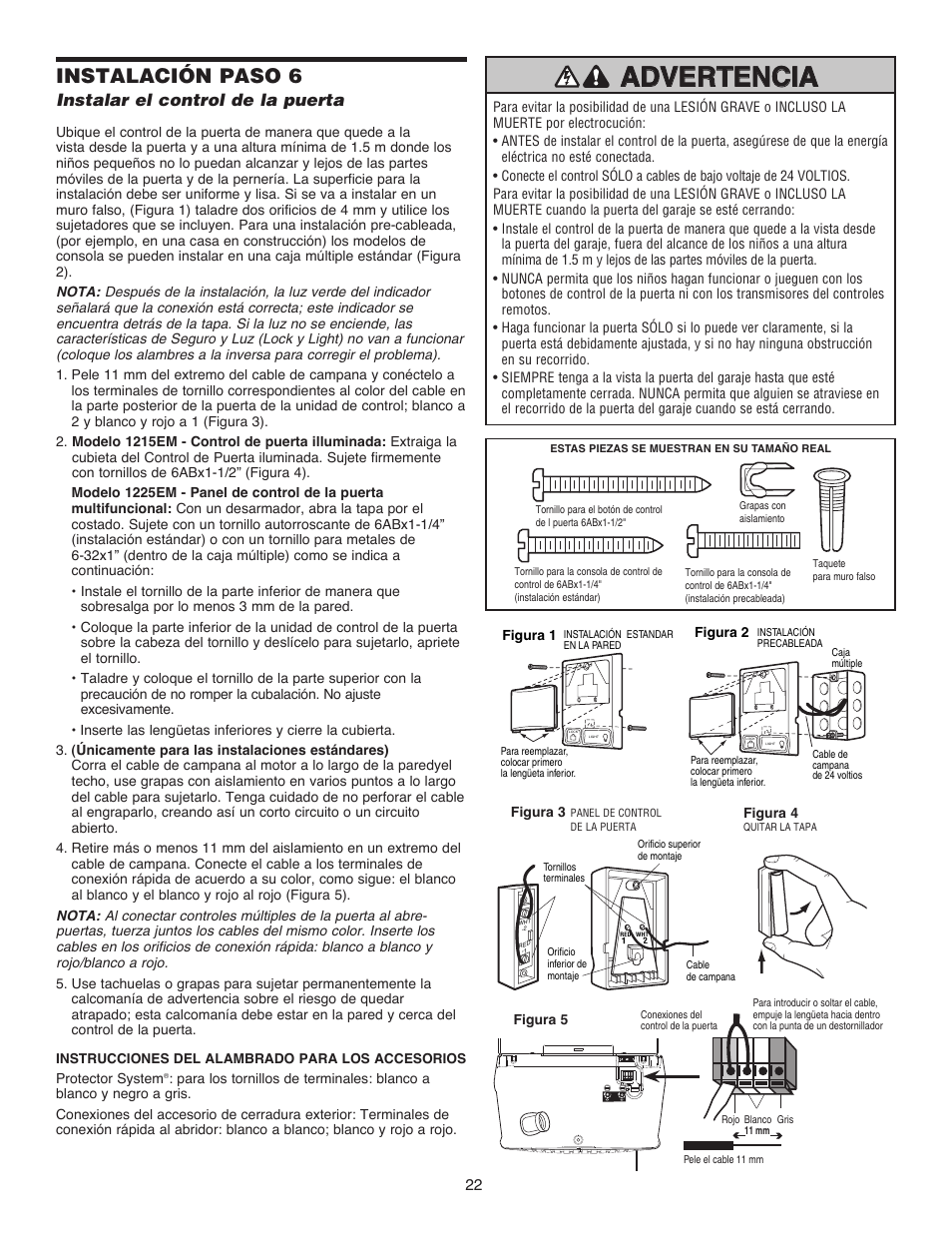 Instalación paso 6, Instalar el control de la puerta | Chamberlain 1215EM FS2 User Manual | Page 62 / 80