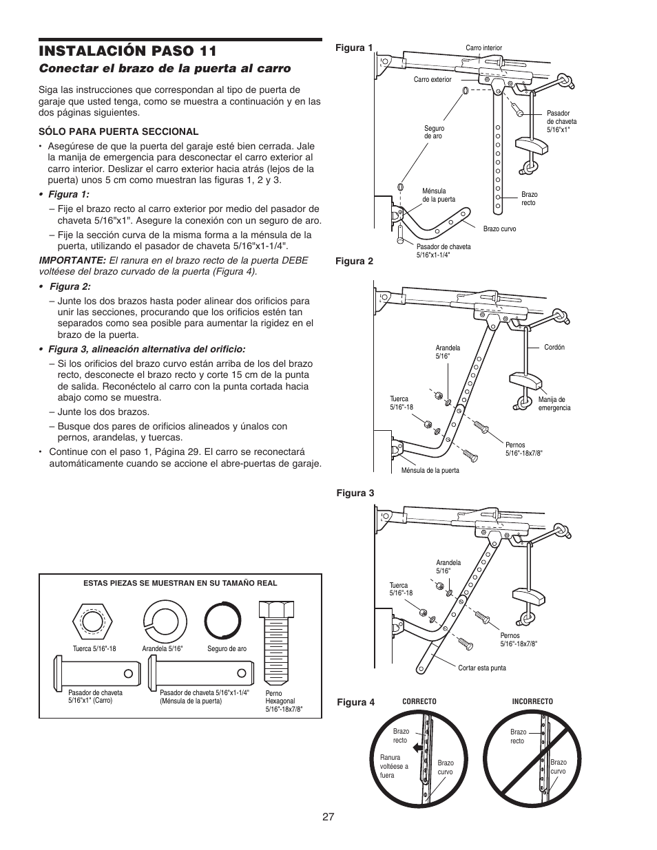 Instalación paso 11, Conectar el brazo de la puerta al carro | Chamberlain 1215EM FS2 User Manual | Page 67 / 80