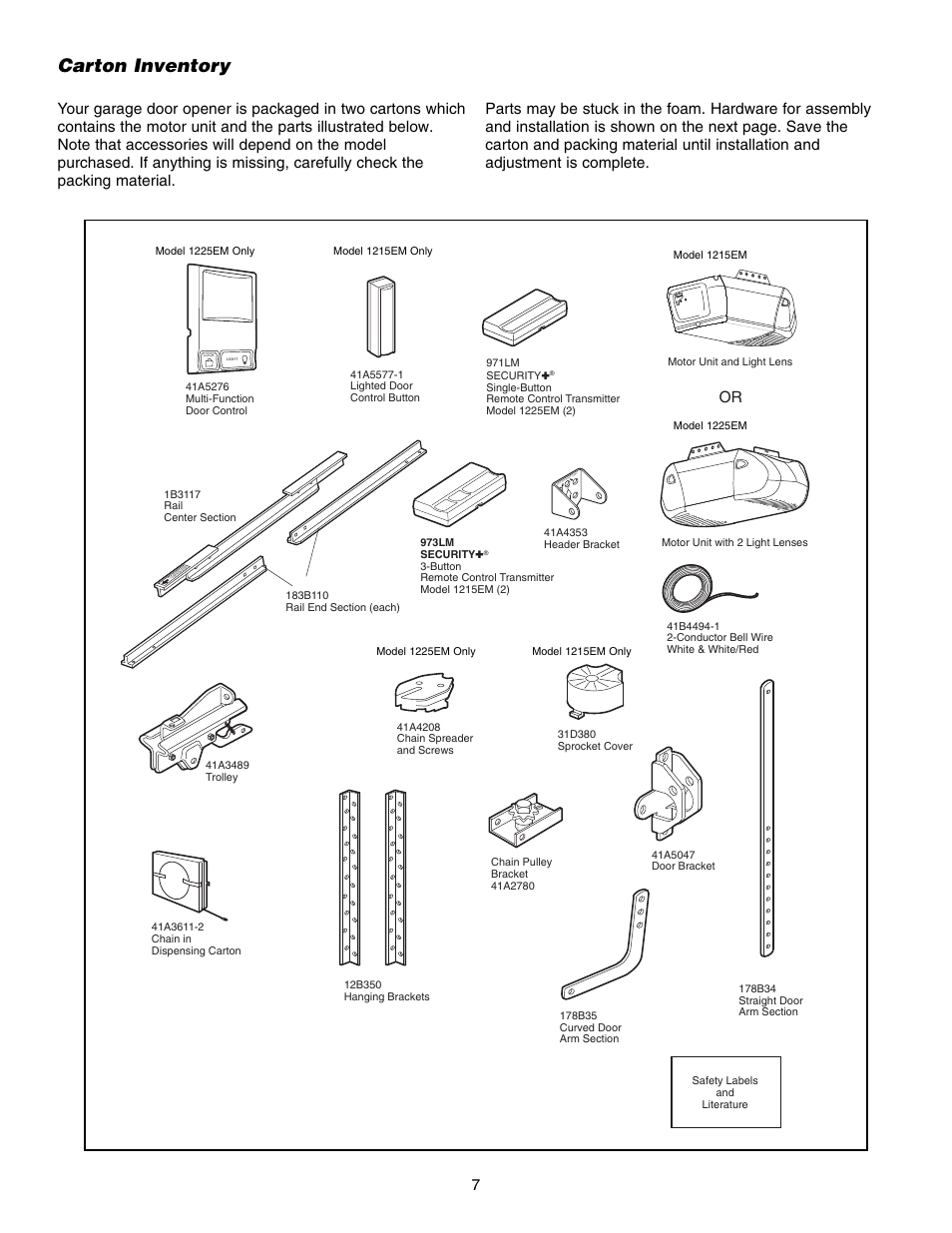 Carton inventory | Chamberlain 1215EM FS2 User Manual | Page 7 / 80