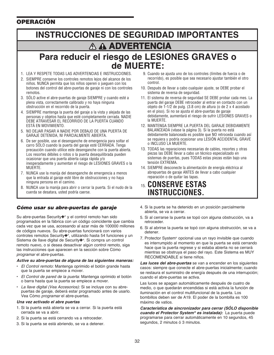 Instrucciones de seguridad importantes, Conserve estas instrucciones, Operación | Chamberlain 1215EM FS2 User Manual | Page 72 / 80