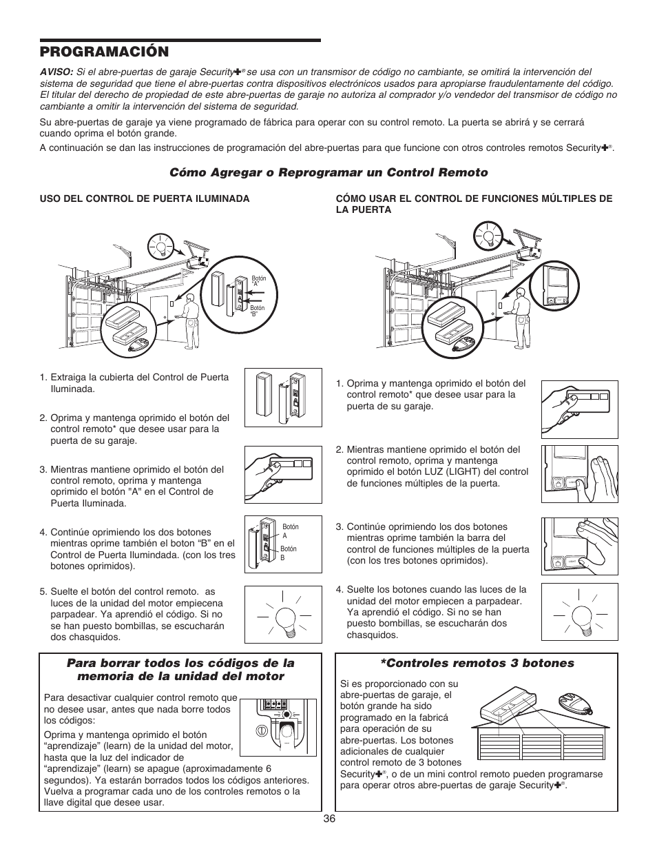 Programación, Controles remotos 3 botones, Cómo agregar o reprogramar un control remoto | Chamberlain 1215EM FS2 User Manual | Page 76 / 80