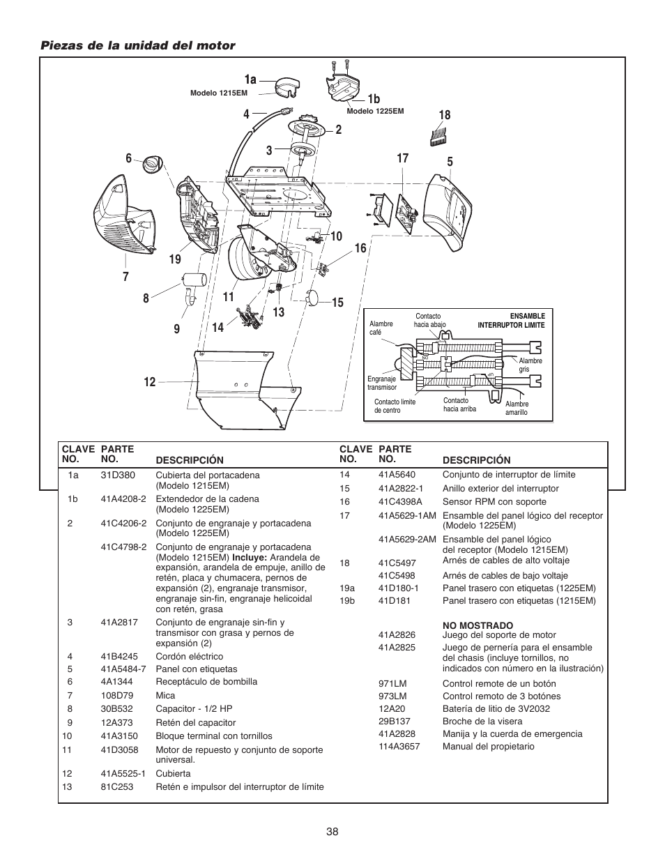 Piezas de la unidad del motor | Chamberlain 1215EM FS2 User Manual | Page 78 / 80