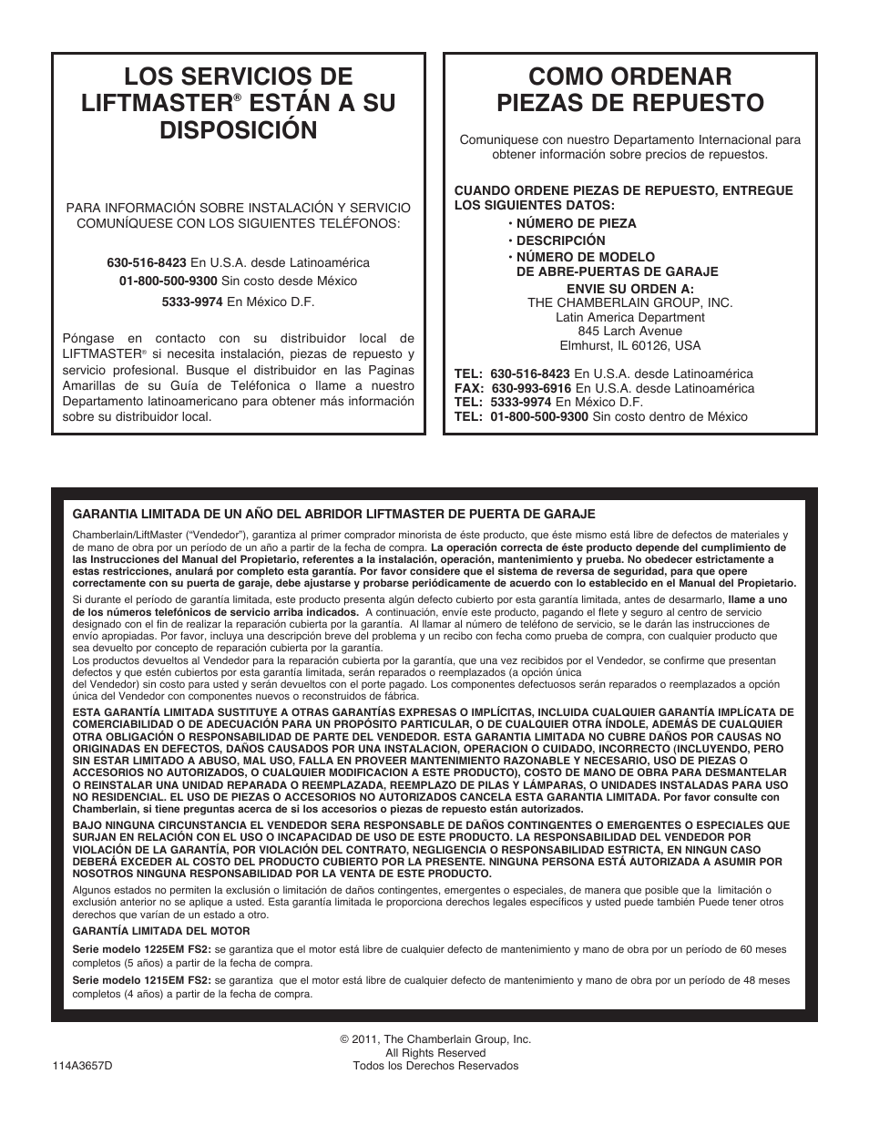 Los servicios de liftmaster, Están a su disposición, Como ordenar piezas de repuesto | Chamberlain 1215EM FS2 User Manual | Page 80 / 80