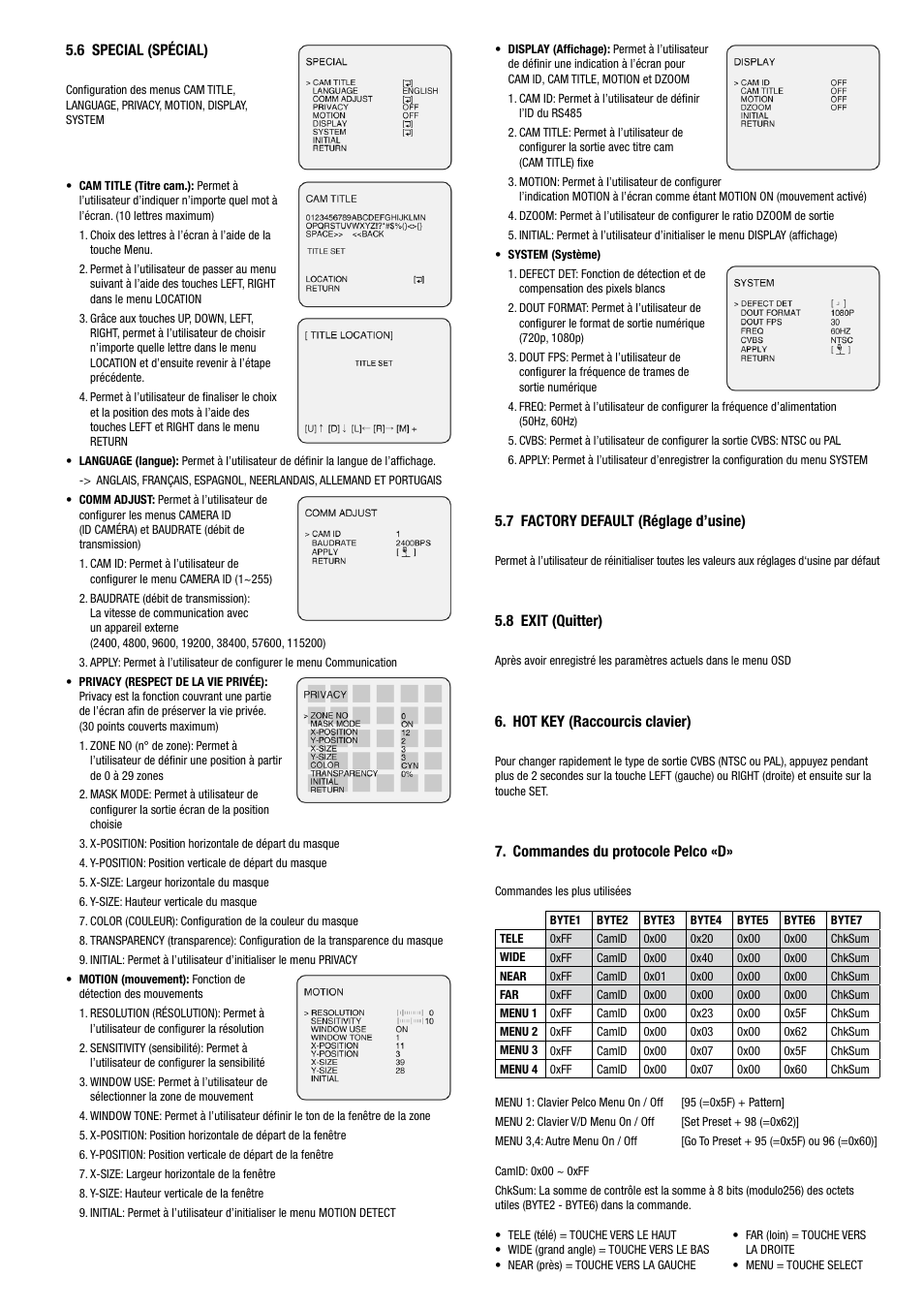 7 factory default (réglage d’usine), 8 exit (quitter), Hot key (raccourcis clavier) | Commandes du protocole pelco «d, 6 special (spécial) | Eneo HDC-1004M1080 User Manual | Page 11 / 20