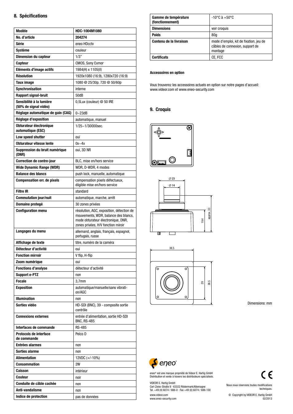 Spécifications 9. croquis | Eneo HDC-1004M1080 User Manual | Page 12 / 20