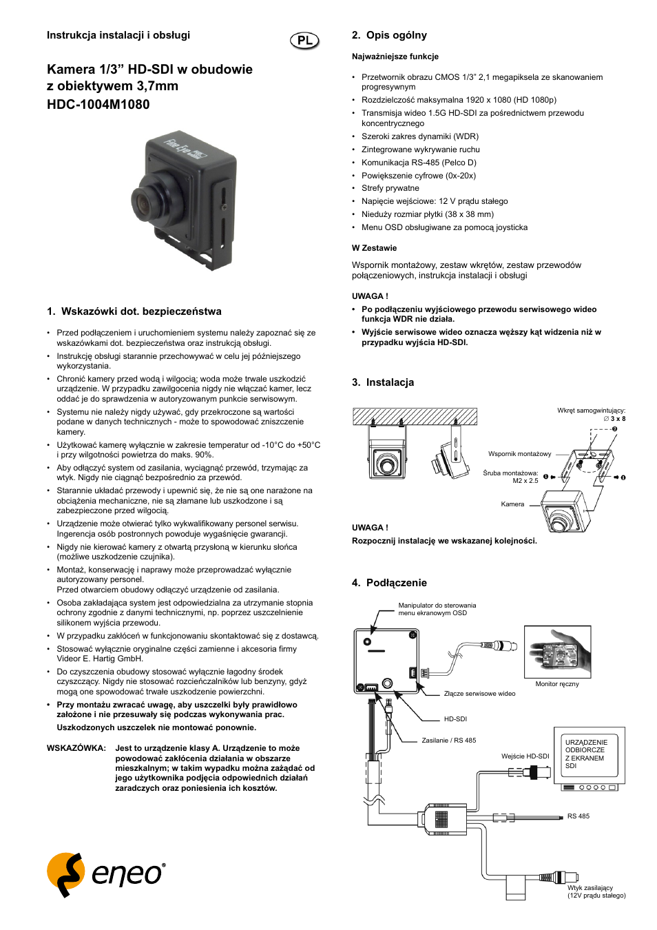Podłączenie 2. opis ogólny, Instalacja instrukcja instalacji i obsługi, Wskazówki dot. bezpieczeństwa | Eneo HDC-1004M1080 User Manual | Page 13 / 20