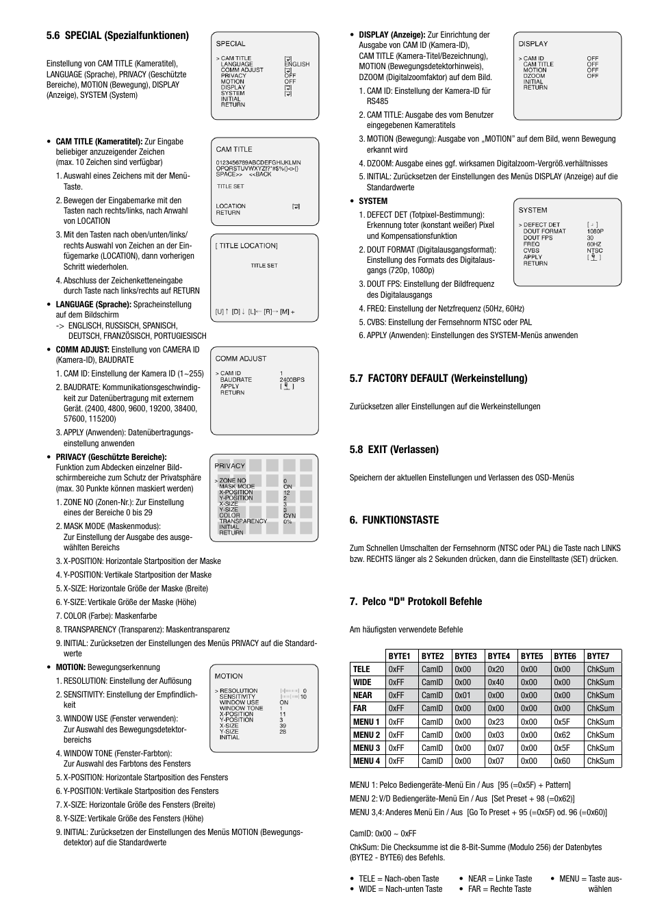 7 factory default (werkeinstellung), 8 exit (verlassen), Funktionstaste | Pelco "d" protokoll befehle, 6 special (spezialfunktionen) | Eneo HDC-1004M1080 User Manual | Page 3 / 20