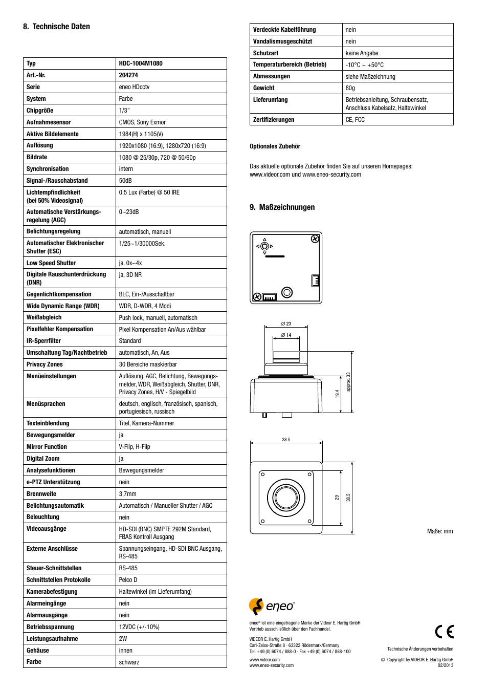 Technische daten 9. maßzeichnungen | Eneo HDC-1004M1080 User Manual | Page 4 / 20