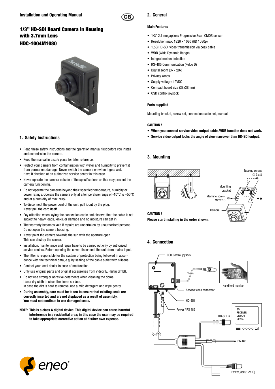 Safety instructions, Connection 2. general, Installation and operating manual | Mounting | Eneo HDC-1004M1080 User Manual | Page 5 / 20