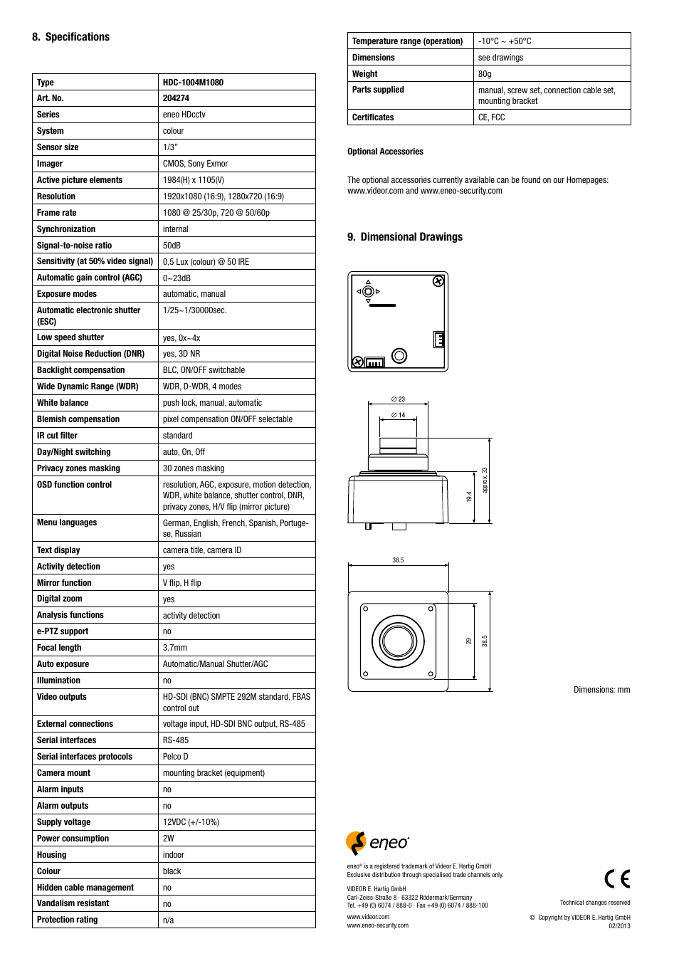 Specifications, Dimensional drawings | Eneo HDC-1004M1080 User Manual | Page 8 / 20