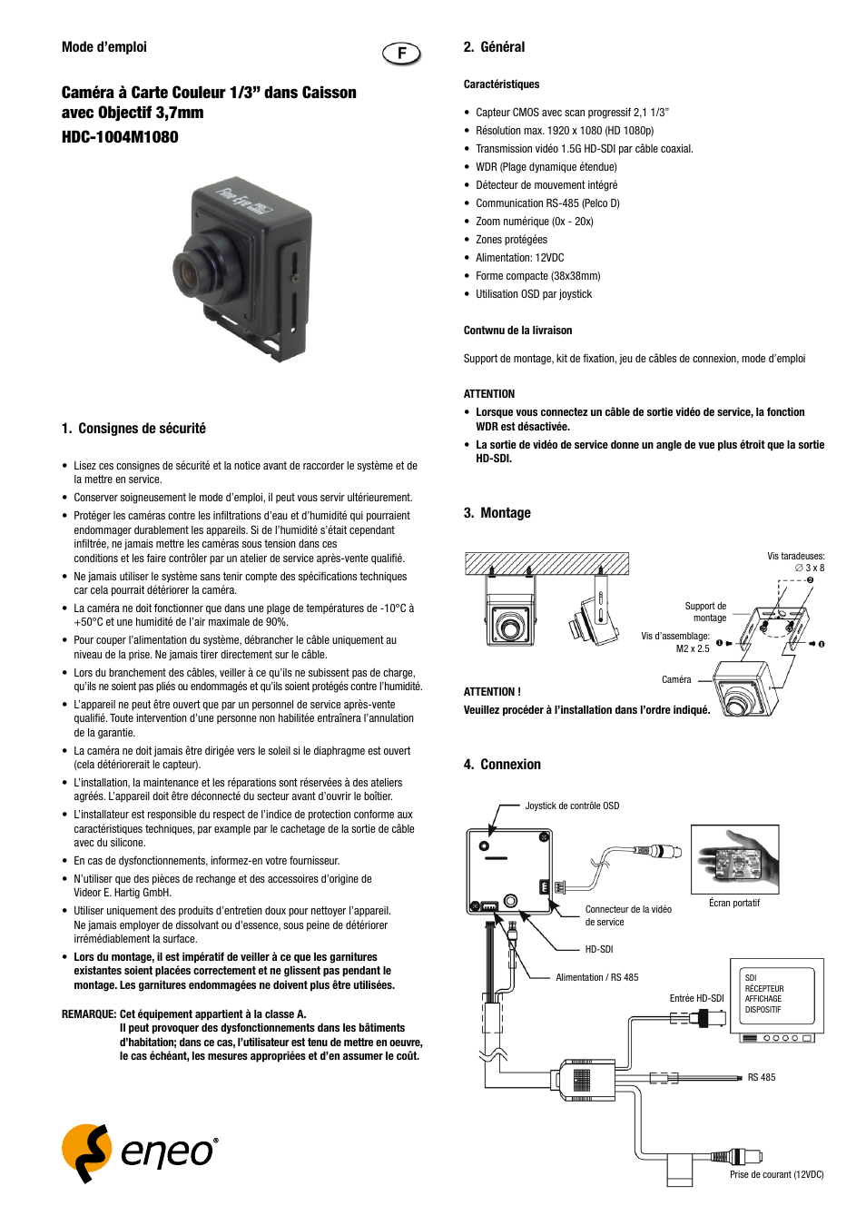 Consignes de sécurité, Mode d’emploi, Connexion 2. général | Montage | Eneo HDC-1004M1080 User Manual | Page 9 / 20