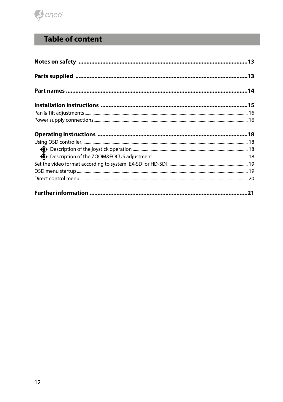 Table of content | Eneo HDD-2080Z03IR D User Manual | Page 12 / 32