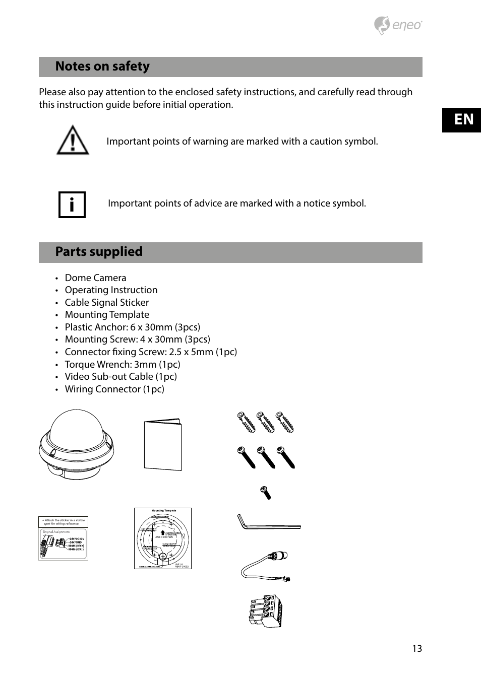 Parts supplied | Eneo HDD-2080Z03IR D User Manual | Page 13 / 32