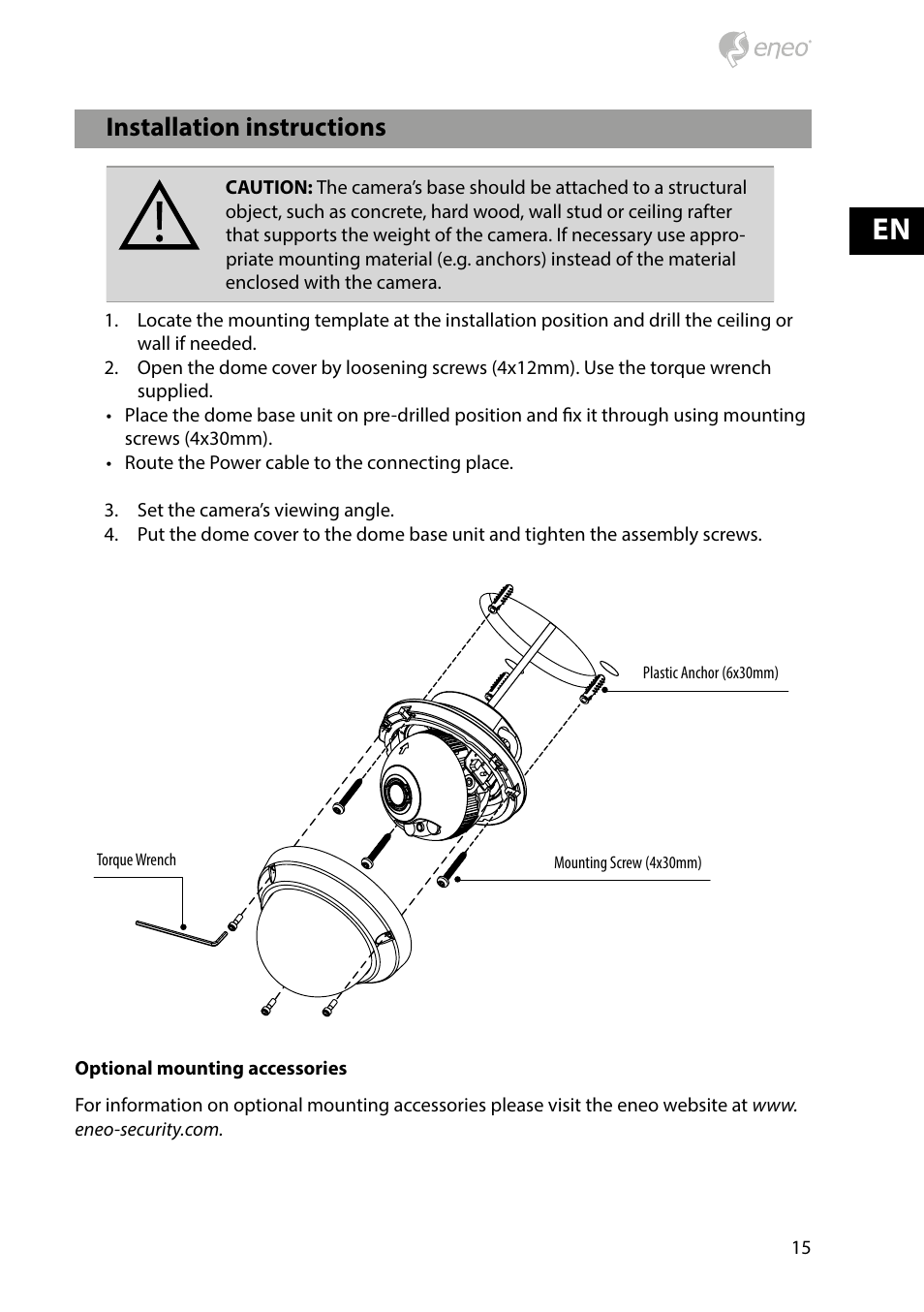 Installation instructions | Eneo HDD-2080Z03IR D User Manual | Page 15 / 32