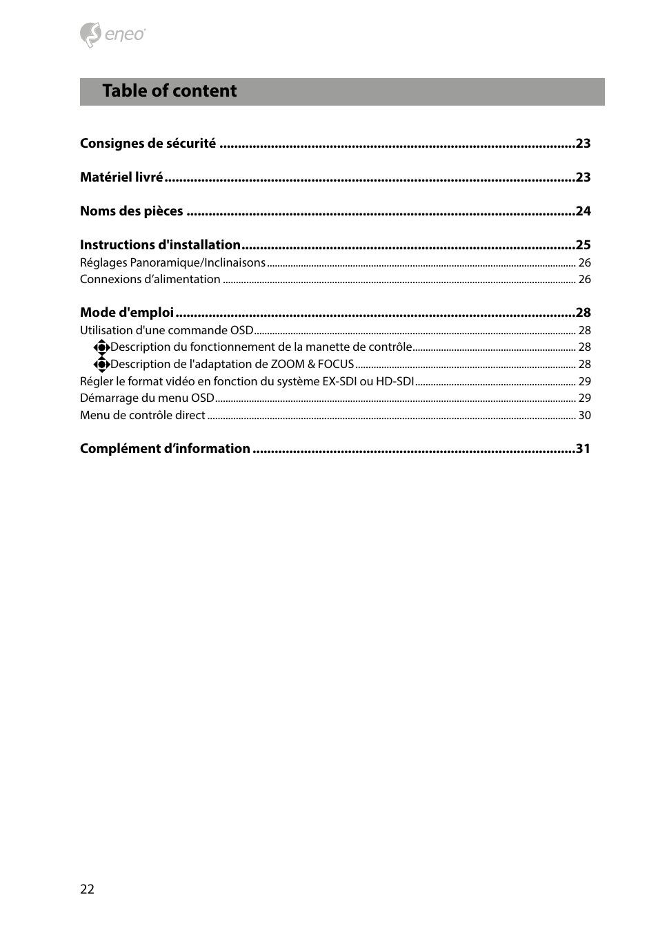 Table of content | Eneo HDD-2080Z03IR D User Manual | Page 22 / 32