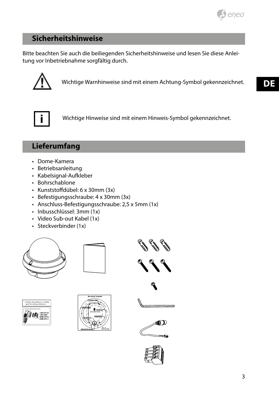 Lieferumfang, Sicherheitshinweise | Eneo HDD-2080Z03IR D User Manual | Page 3 / 32