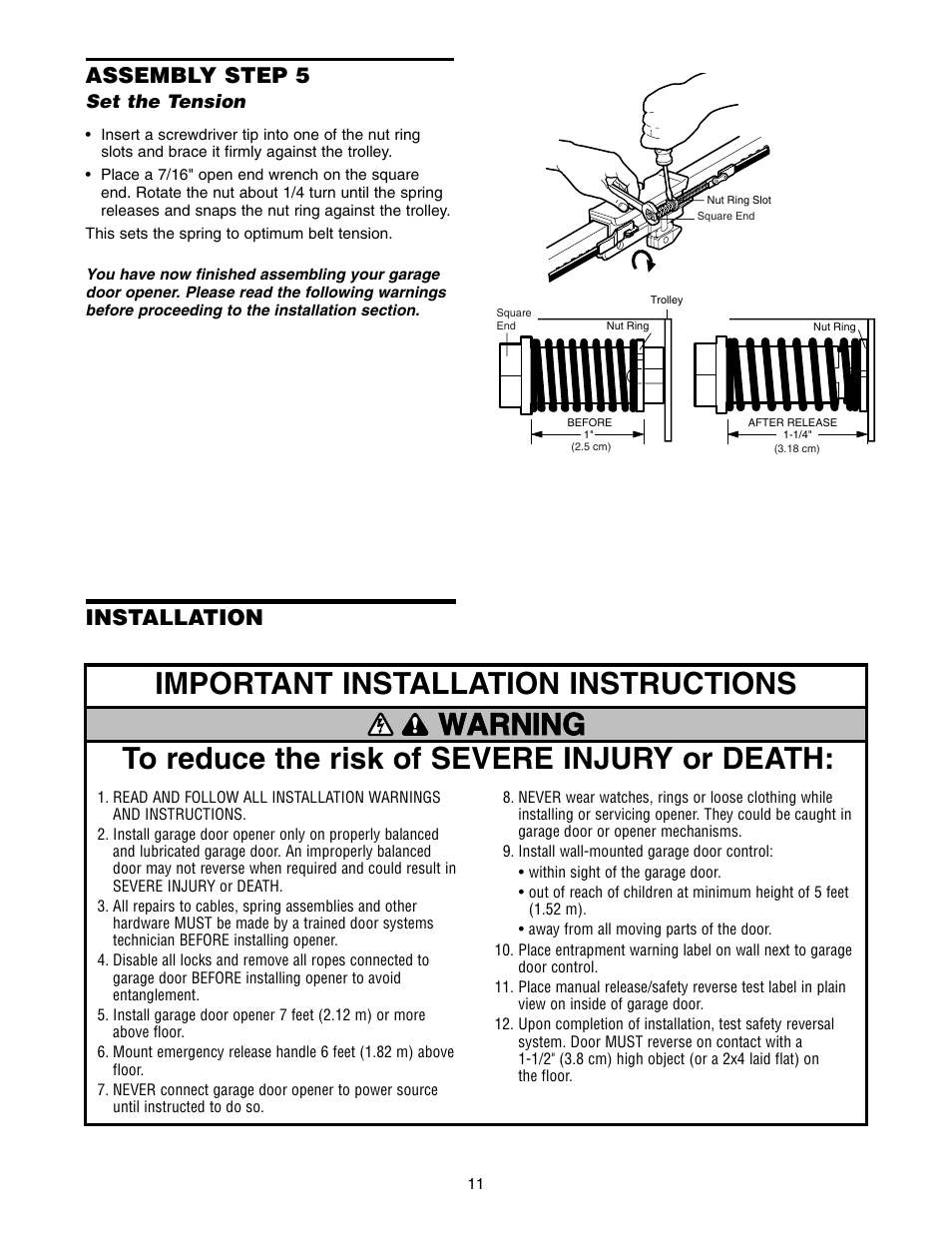 Step 5 set the tension, Installation, Installation assembly step 5 | Chamberlain WD952LD User Manual | Page 11 / 44