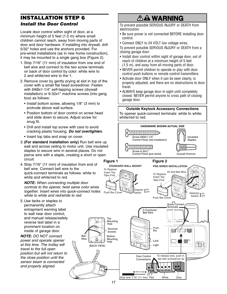 Step 6 install the door control, Warning caution warning warning, Installation step 6 | Install the door control | Chamberlain WD952LD User Manual | Page 17 / 44