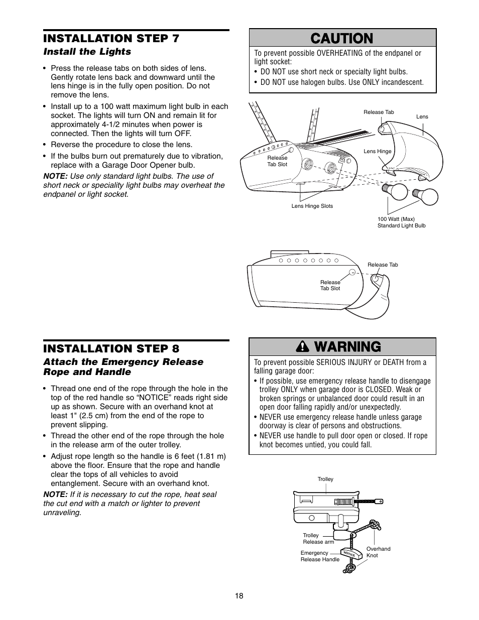 Step 7 install the lights, Warning caution warning warning, Installation step 7 | Installation step 8 | Chamberlain WD952LD User Manual | Page 18 / 44