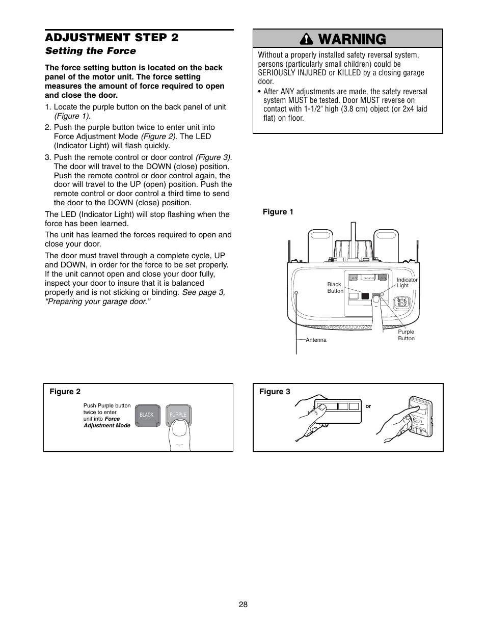 Step 2 setting the force, Warning caution warning warning, Adjustment step 2 | Chamberlain WD952LD User Manual | Page 28 / 44