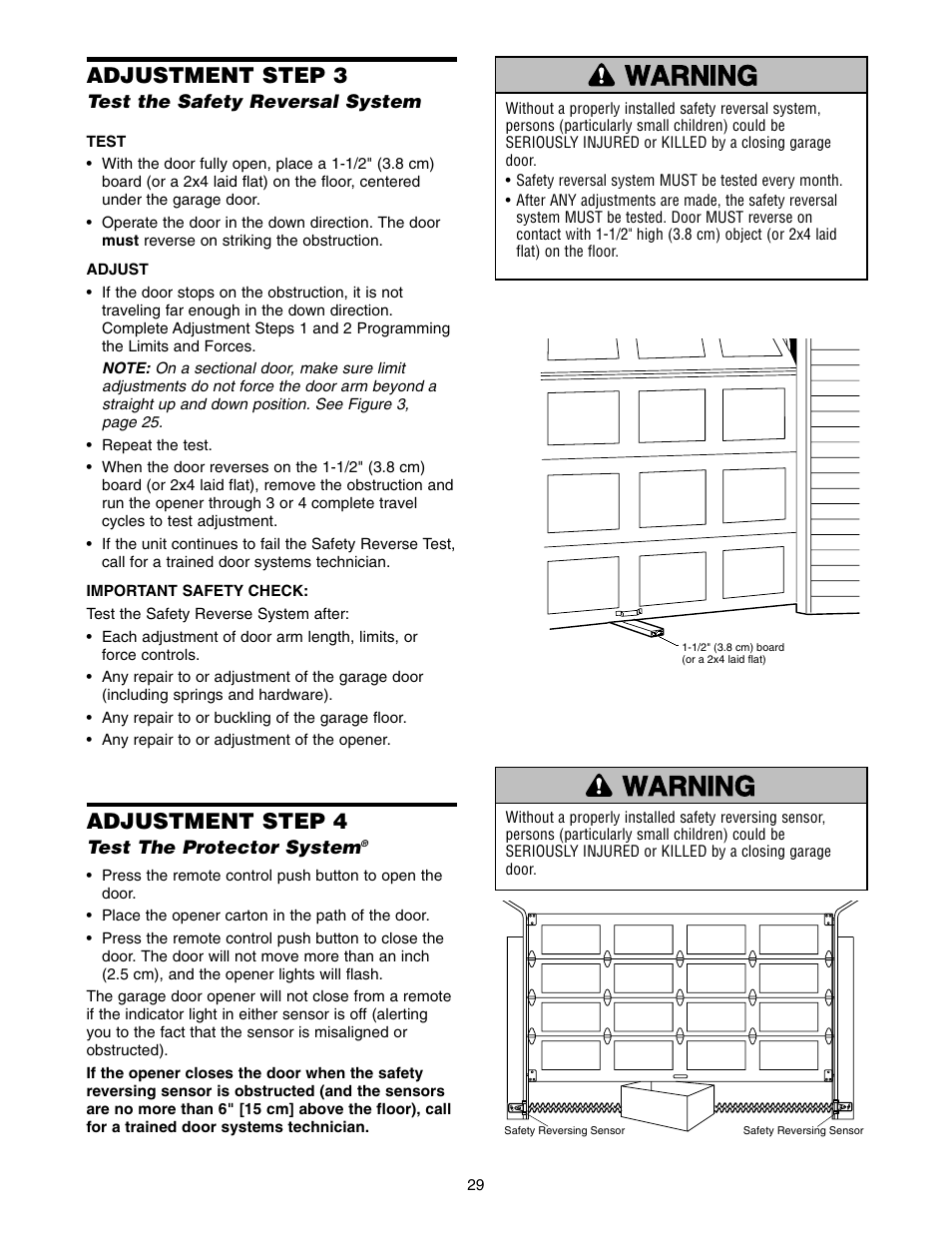 Step 3 test the safety reversal system, Step 4 test the protector system, Adjustment step 3 | Adjustment step 4 | Chamberlain WD952LD User Manual | Page 29 / 44