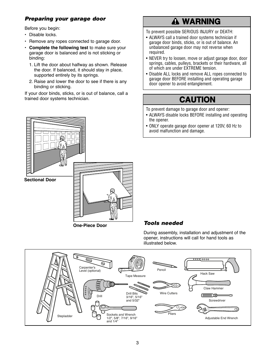 Preparing your garage door, Tools needed | Chamberlain WD952LD User Manual | Page 3 / 44