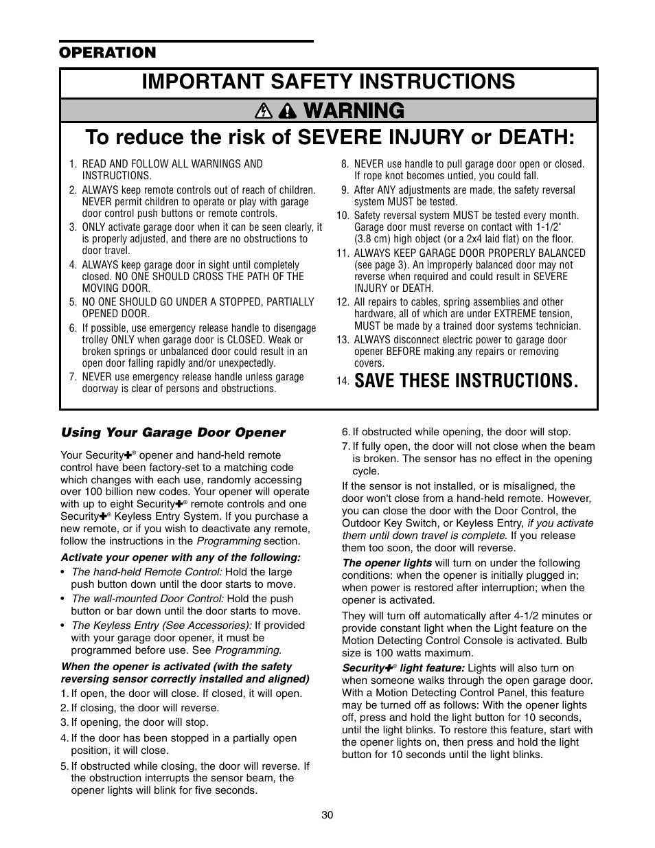 Operation, Using your garage door opener, Save these instructions | Chamberlain WD952LD User Manual | Page 30 / 44