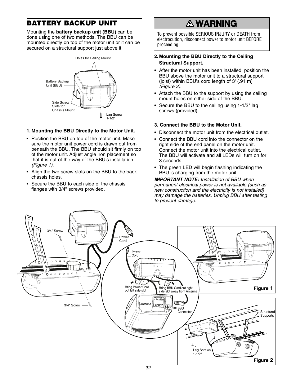 Battery backup unit, Warning caution warning warning | Chamberlain WD952LD User Manual | Page 32 / 44