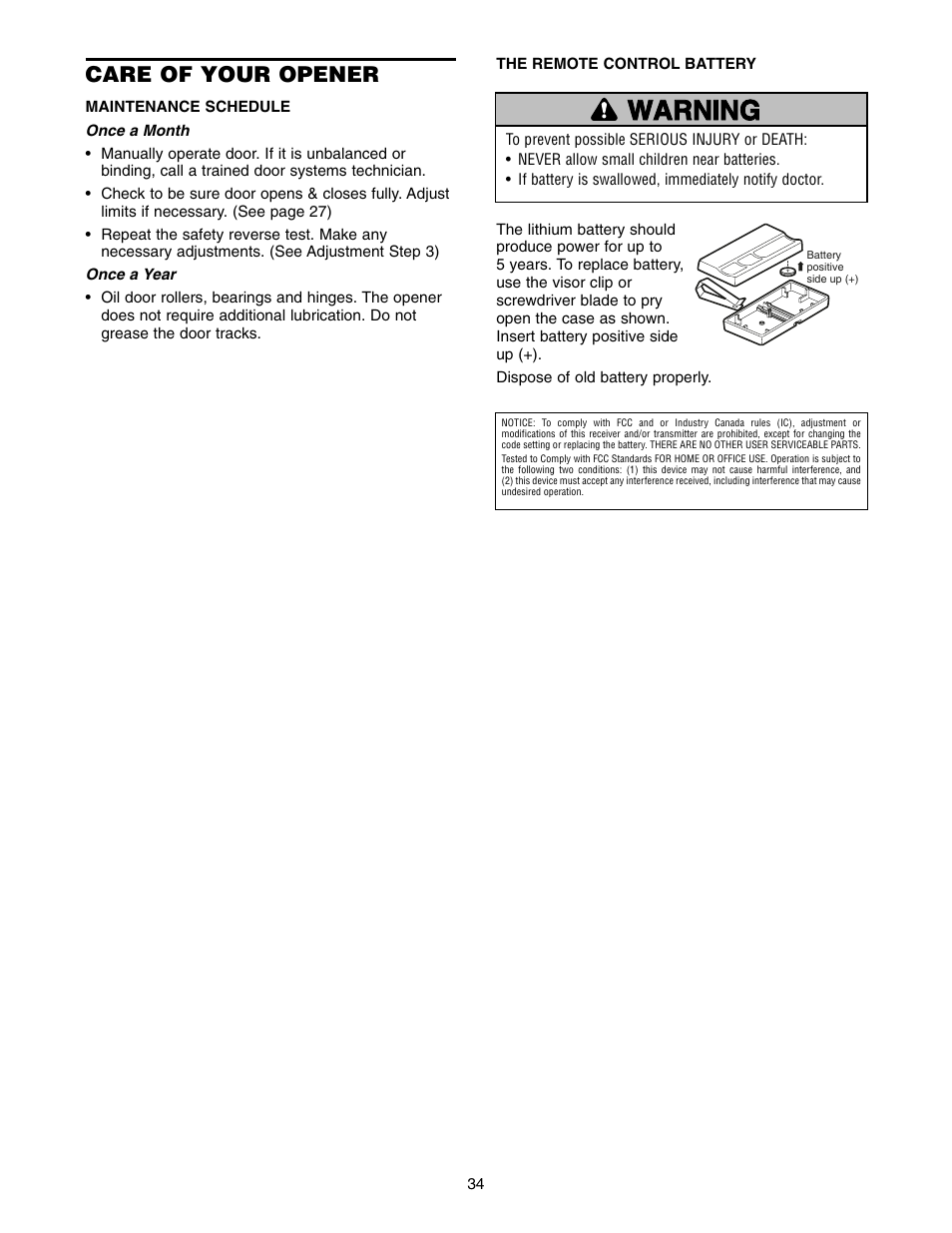 Care of your opener, Warning caution warning warning | Chamberlain WD952LD User Manual | Page 34 / 44