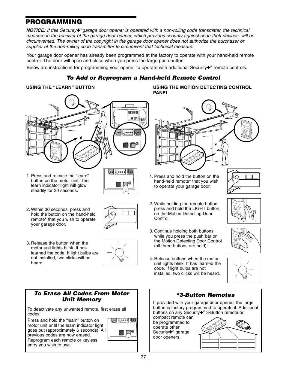 Programming, To add or reprogram a hand-held remote control, To erase all codes from motor unit memory | Button remotes | Chamberlain WD952LD User Manual | Page 37 / 44