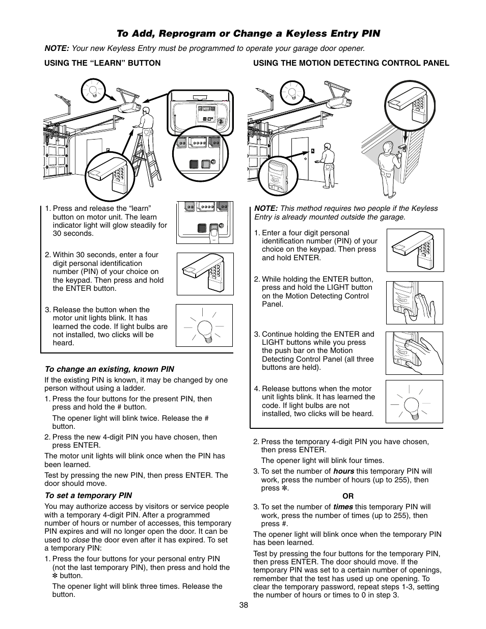 To add, reprogram or change a keyless entry pin | Chamberlain WD952LD User Manual | Page 38 / 44