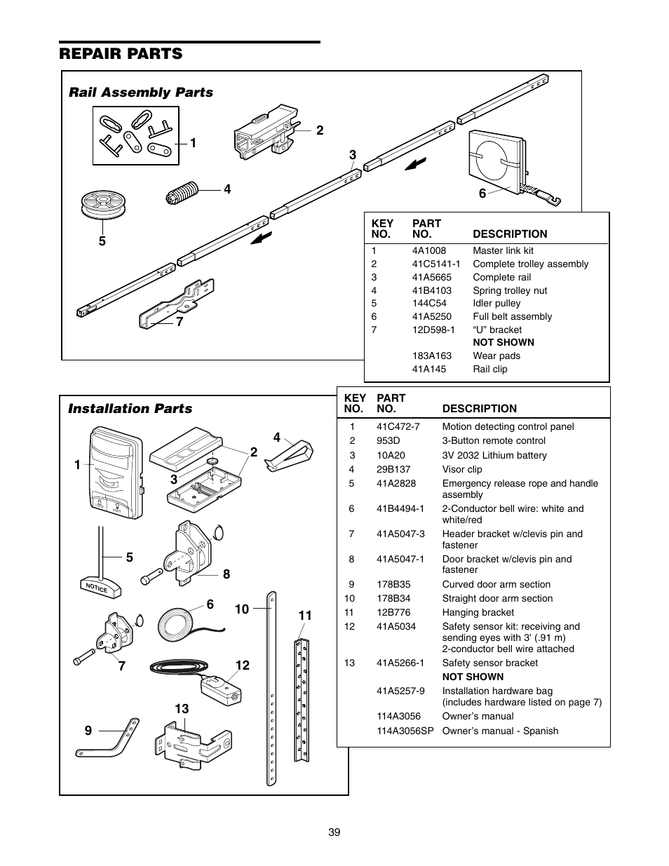 Repair parts, Rail assembly parts, Installation parts | Chamberlain WD952LD User Manual | Page 39 / 44