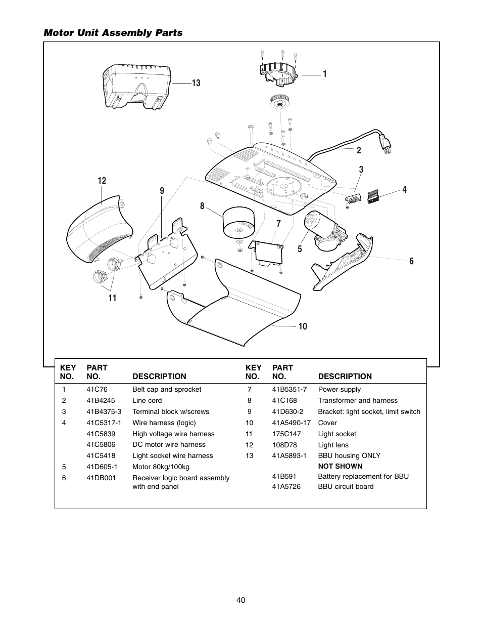 Motor unit assembly parts | Chamberlain WD952LD User Manual | Page 40 / 44