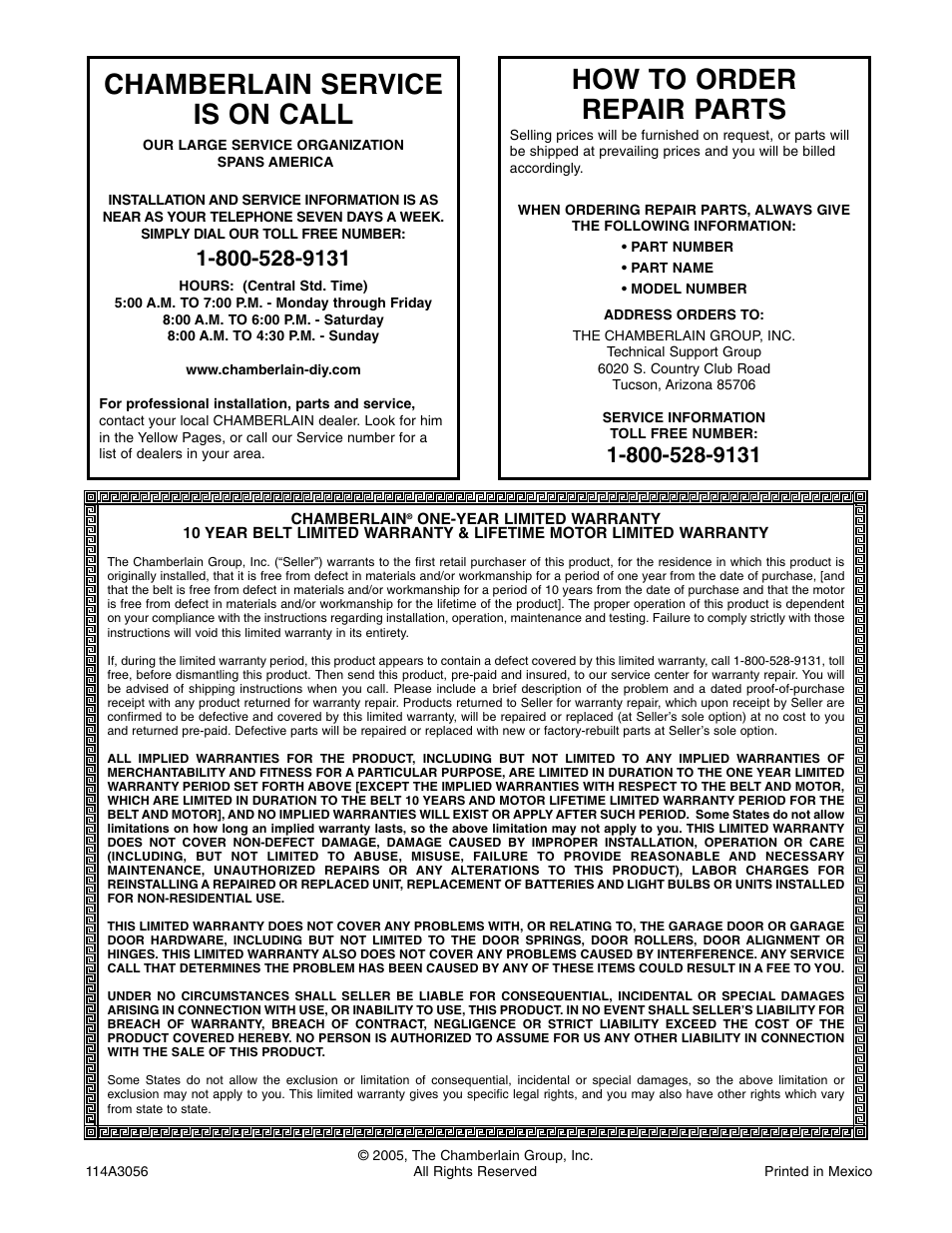 Warranty, Chamberlain service is on call, How to order repair parts | Chamberlain WD952LD User Manual | Page 44 / 44