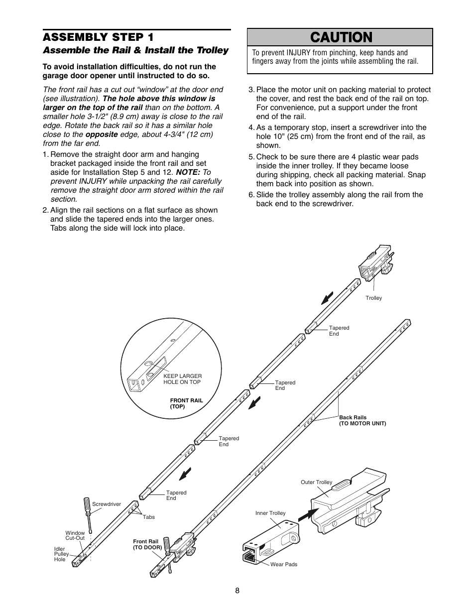 Assembly, Step 1 assemble the rail & install the trolley, Warning caution warning warning | Assembly step 1, Assemble the rail & install the trolley | Chamberlain WD952LD User Manual | Page 8 / 44