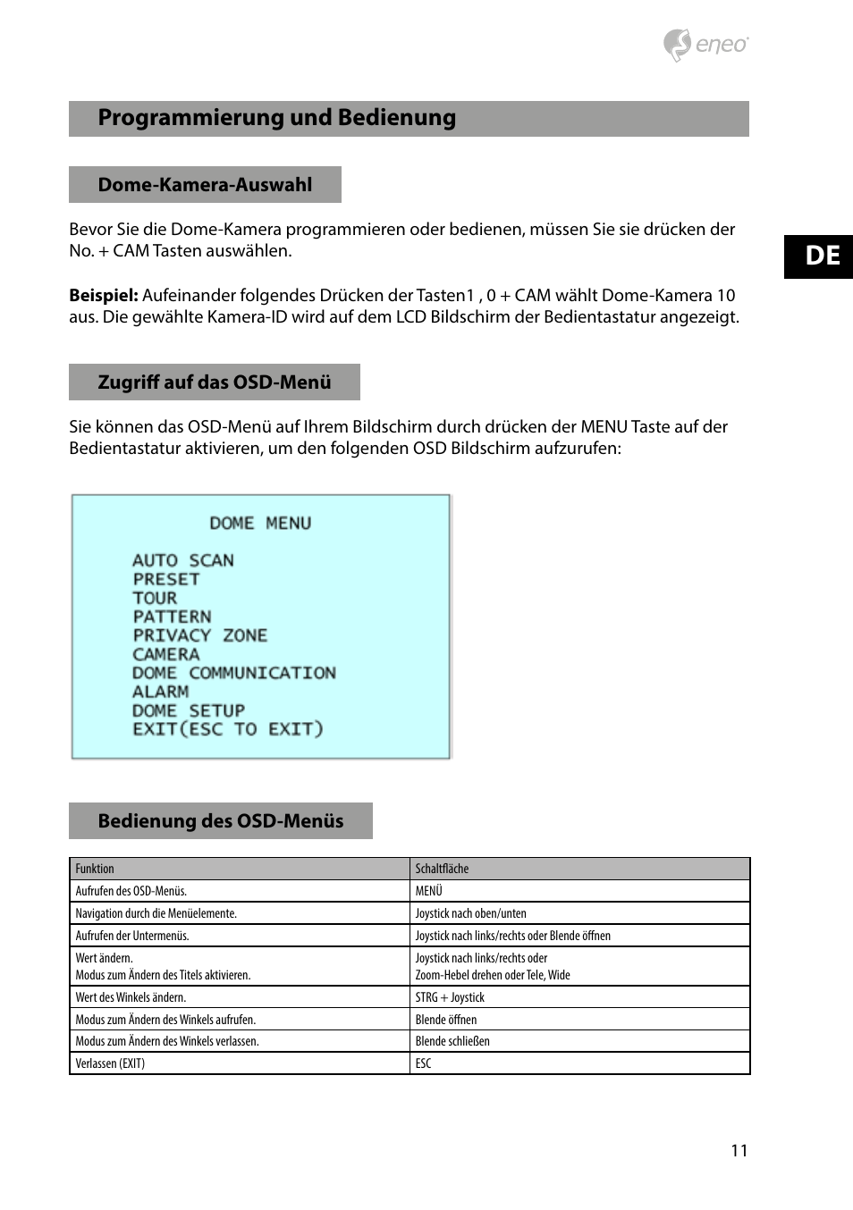 Programmierung und bedienung, Dome-kamera-auswahl, Zugriff auf das osd-menü | Bedienung des osd-menüs | Eneo HDD-2030PTZ1080 User Manual | Page 11 / 36