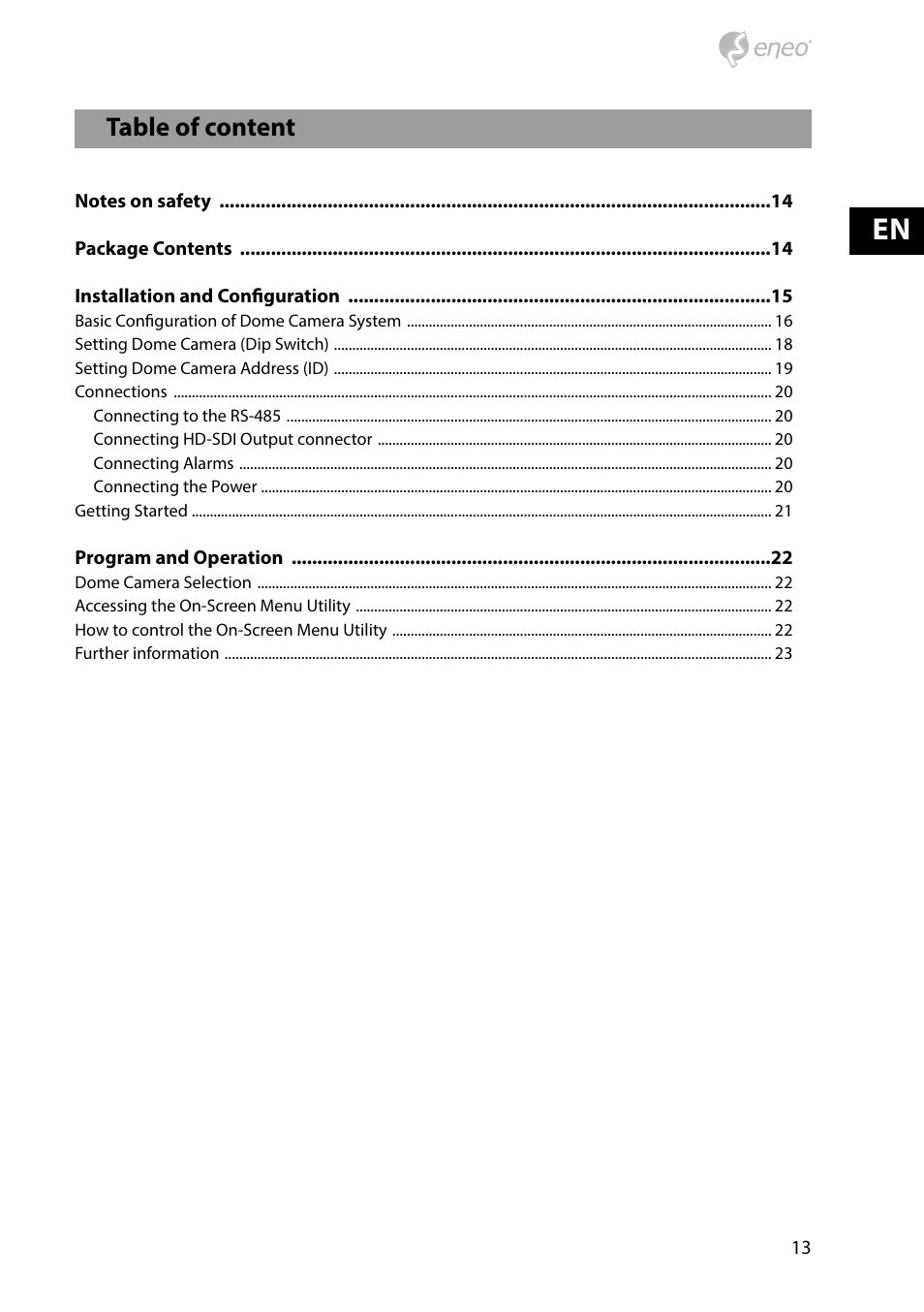 Table of content | Eneo HDD-2030PTZ1080 User Manual | Page 13 / 36