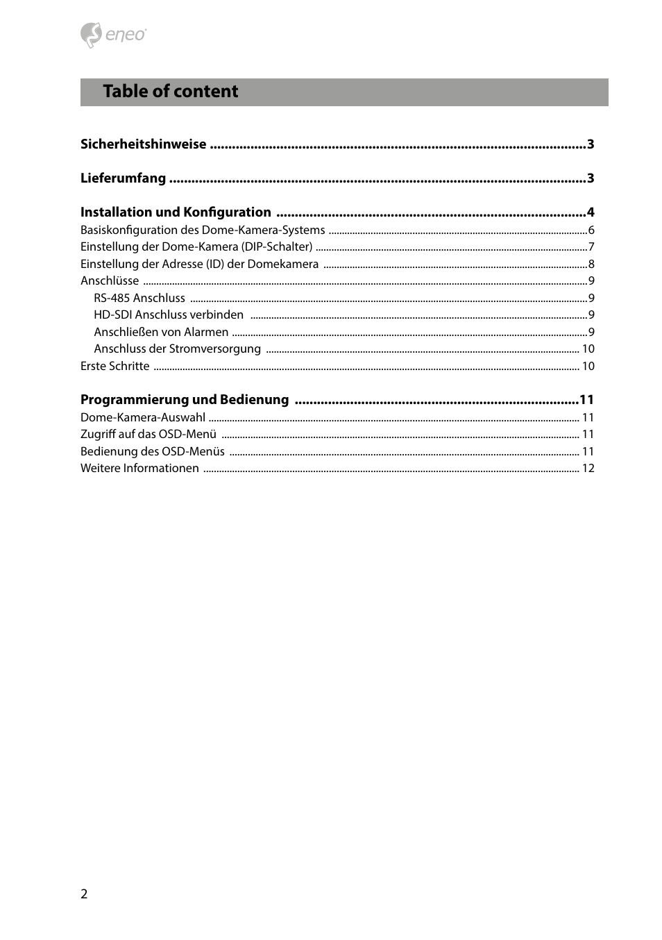 Table of content | Eneo HDD-2030PTZ1080 User Manual | Page 2 / 36