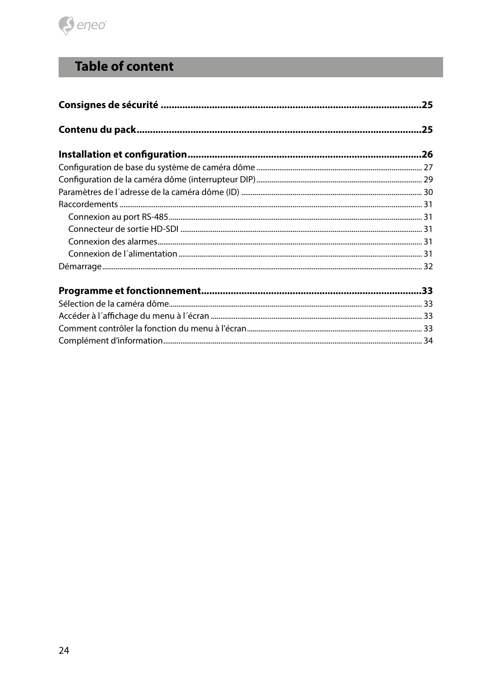 Table of content | Eneo HDD-2030PTZ1080 User Manual | Page 24 / 36