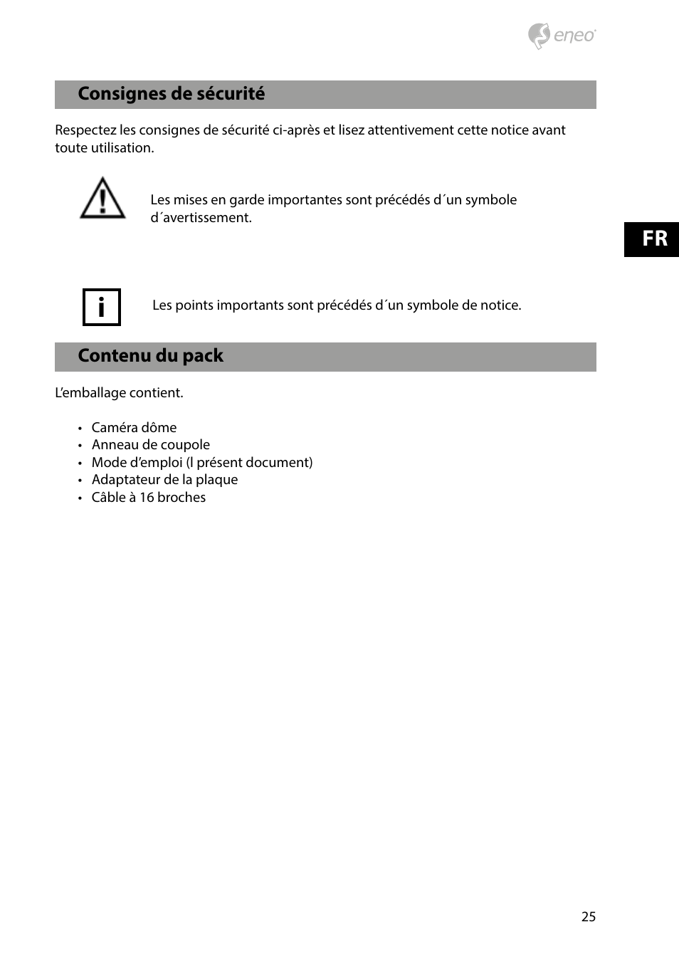 Contenu du pack, Consignes de sécurité | Eneo HDD-2030PTZ1080 User Manual | Page 25 / 36