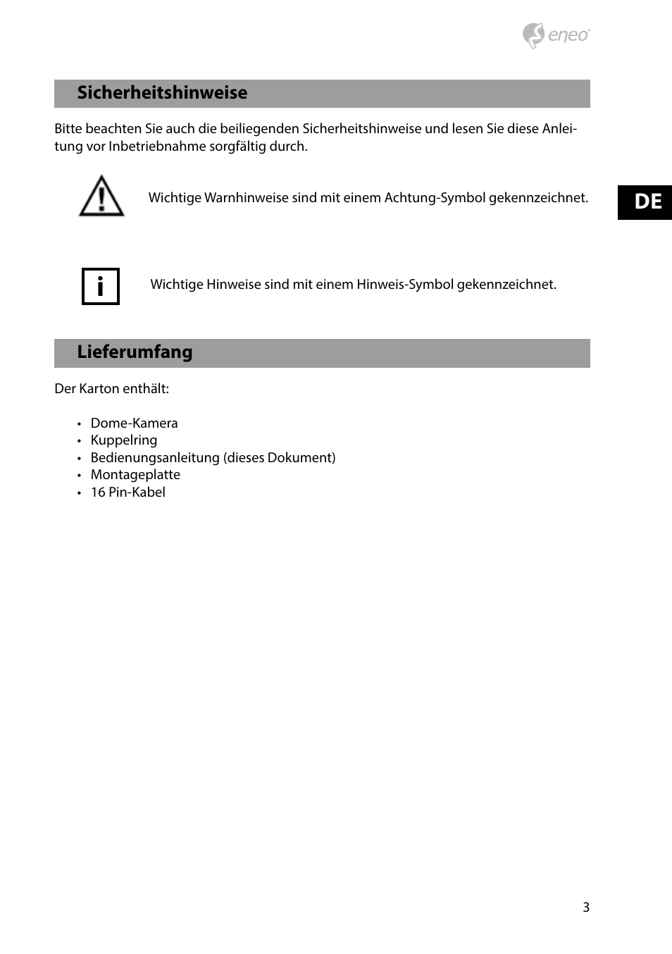 Lieferumfang, Sicherheitshinweise | Eneo HDD-2030PTZ1080 User Manual | Page 3 / 36